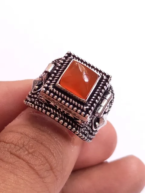 Handmade 925 Silver Plated Carnelian Poison Ring Secret Compartment Size 8 US
