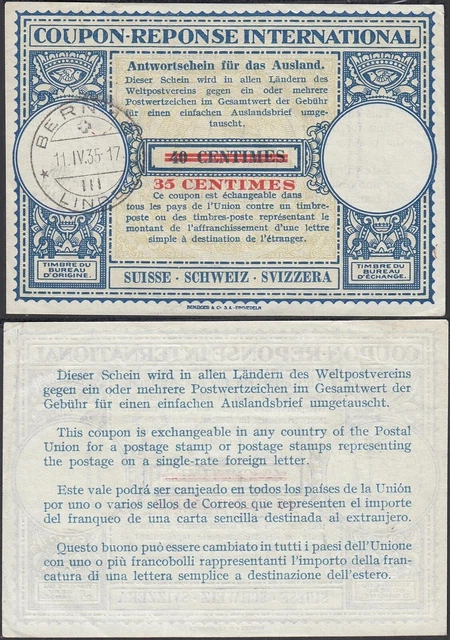 Switzerland 1935- "International Reply Coupon" from Bern....(EB) MV-17572