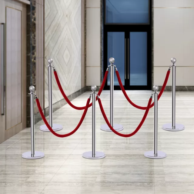 6PCS Stainless Steel Stanchion Post Set Queue Safety Crowd Control Barrier &Rope