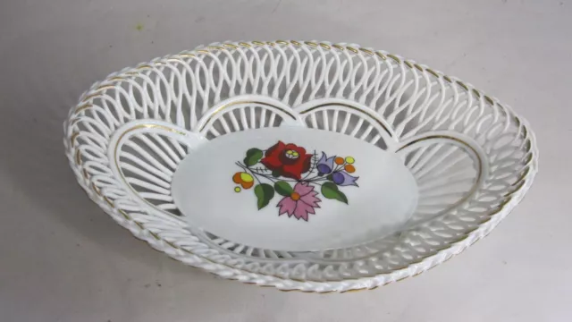 Kalocsa Porcelain Bowl Reticulated Woven Floral Hand Painted Serving Trellis