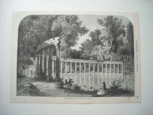 1870 Engraving. Les Promenades De Paris. Parc Monceaux, La Naumachie. With Explained