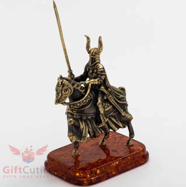 Solid Brass Amber Figurine Teutonic Crusader Knight w lance on a horse IronWork
