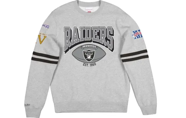 Mitchell & Ness All Over Imprimé Polaire Ras Du Cou Oakland Raiders,Gris Bruyère