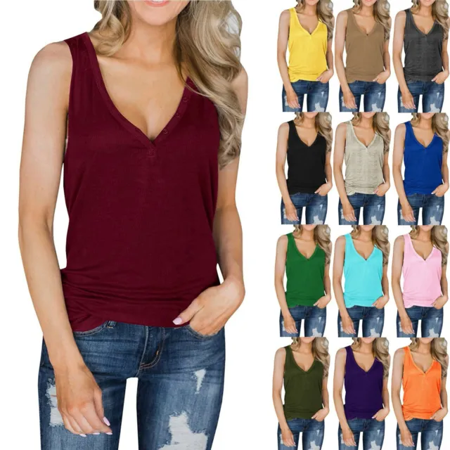 Fashion Lady Casual Tanks Loose Solid Button V-Neck Sleeveless Vest Blouse Tops