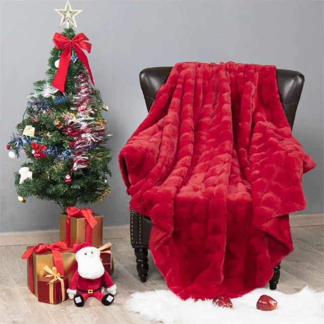 Soft Fuzzy Warm Throw Blanket Jacquard Rabbit Faux Fur with Micromink Backing 2