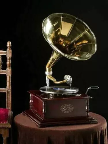 Grammofono con corno in ottone ~ Giradischi – Fonografo in vinile a carica...