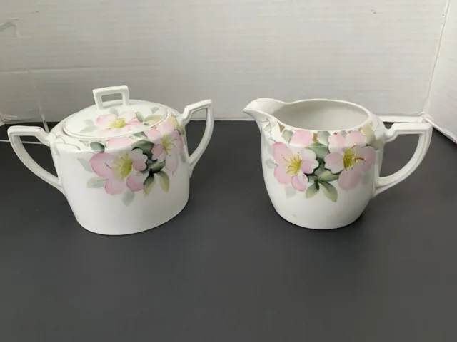 Vintage Nippon Porcelain Hand Painted Creamer and Sugar Bowl  Pink Flowers