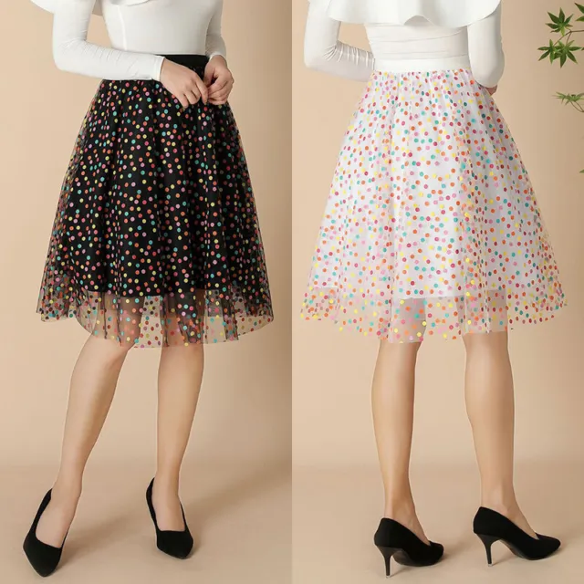Women's Polka Dot Layered Mesh Tulle Skirt High Elastic Waist Pleated Tutu