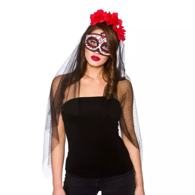 Day Of The Dead Mask + Veil Mexican Spanish Fancy Dress Accessory New