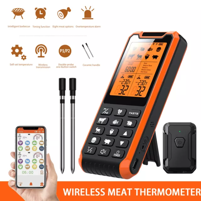 For Oven BBQ 500FT Wireless Meat Thermometer 2 Probes Digital Cooking with APP