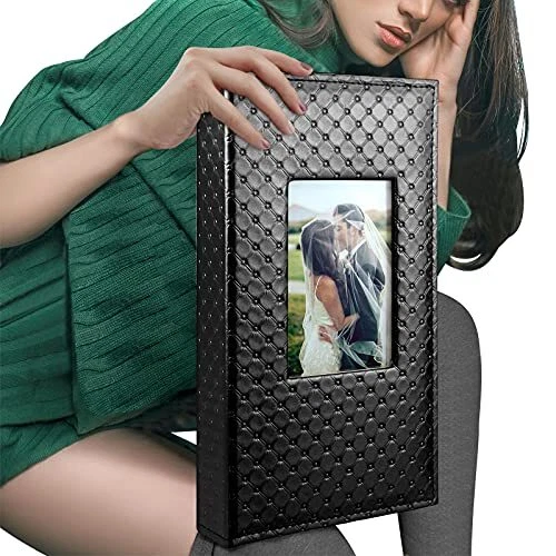 Photo Album for 4x6 Photos, Holds 300 Pockets Black Leather Window Cover Desi...