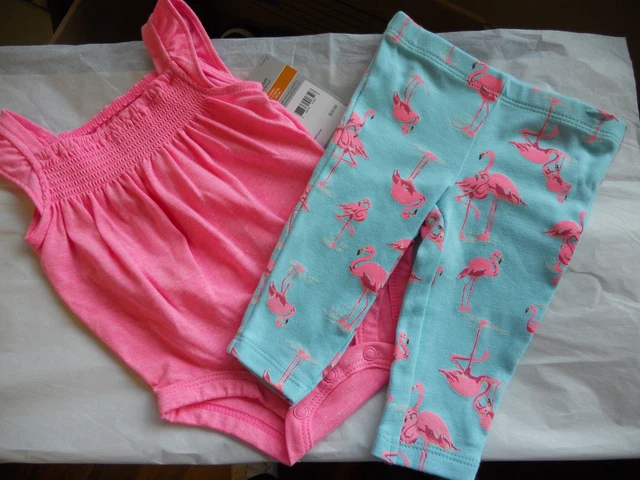 Carters 2 Piece Flamingos Baby Girls Pant Set Pink Blue & White Nwt So Cute!!