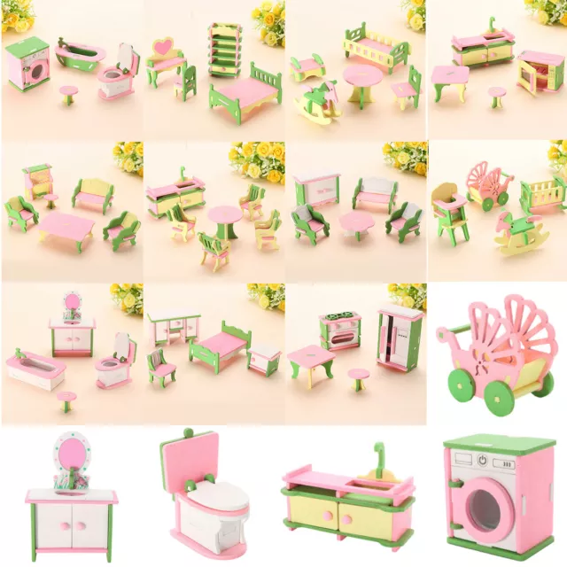 Wooden Furniture Dolls Mini House 12 Set Gifts Room Family Miniature Toys Kids