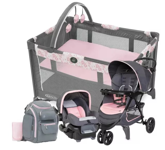 Baby Girl Pink Travel System Stroller With Car Seat Playard Bag Infant Combo