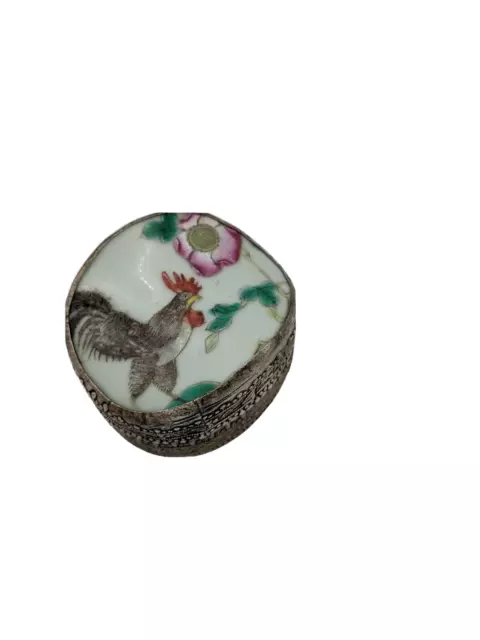 Vintage Silverplate Trinket Box Hand-Painted Porcelain Shard Lid, Rooster, China