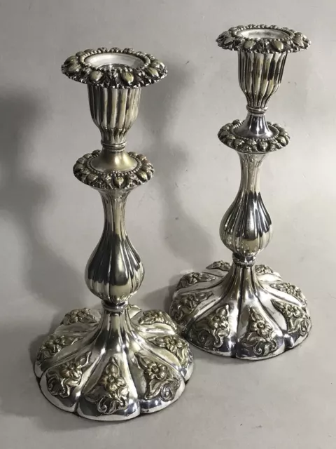 c1900 Pair Ornate Fancy Candlesticks Slack & Barlow England silver on brass