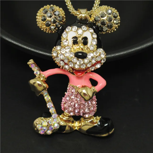 Fashion Women Cute Rhinestone Pink Mouse Golf Crystal Pendant Chain Necklace