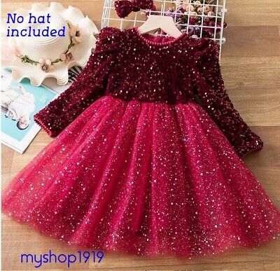 Girls Christmas Dress Red Long Sleeve Tutu Sequined Party Princess Age 2-8Years