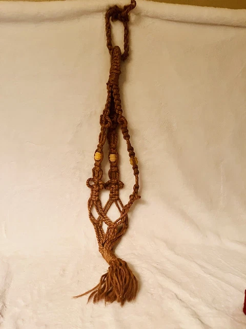 Brown Vintage 70's Plastic Beaded Macrame Swag Plant Holder Retro hanger MCM 36”