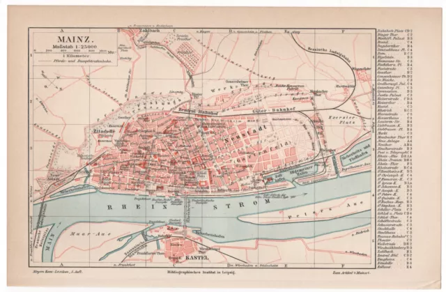 Mainz - Alter Stadtplan von 1898 - Lithografie