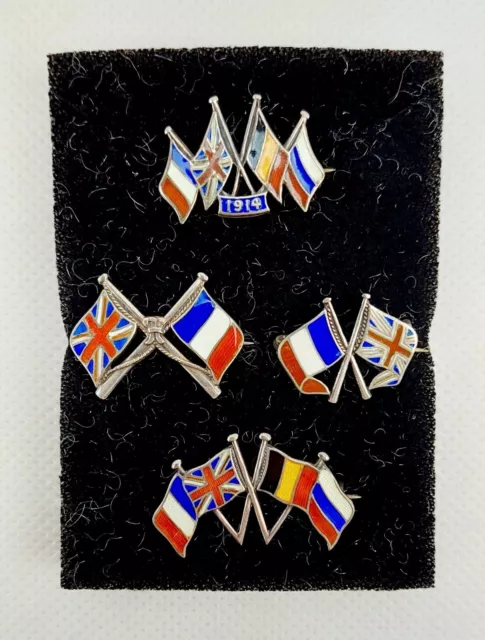 Antique Set Of 4 WW1 Allied Nations Enamel Sterling Silver Flag Pins 1914s