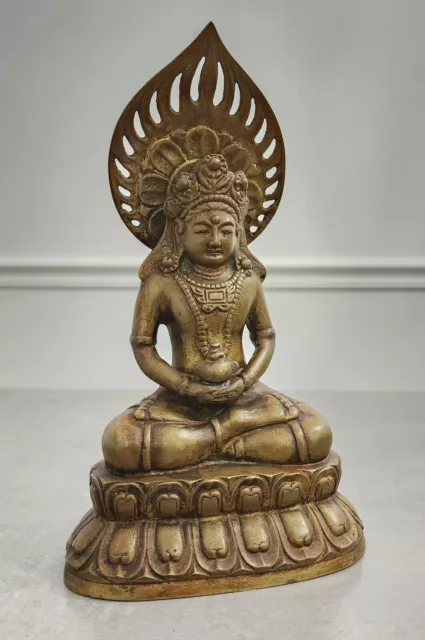 Vintage 9.5" Cast Brass AMITABHA LONGEVITY BUDDHA Meditation Hinduism Statue