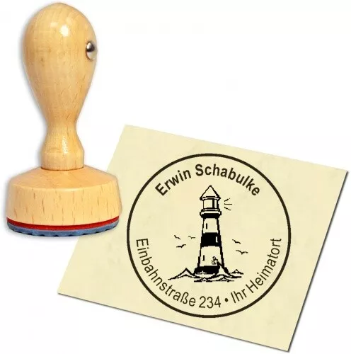 Stempel Adressstempel Holzstempel - Leuchtturm Mit Vögel - rund 40mm