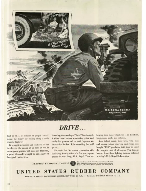 1945 U.S. Rubber Co. WWII US Royal Combat Tires on Jeeps Vintage Print Ad