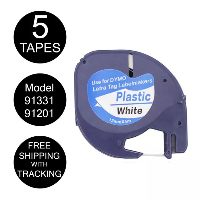 5x Compatible DYMO Black on White Plastic LetraTag 91331 91201 Label Tape 12mm