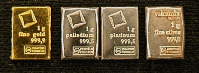1 gram Each; Valcambi Gold, Palladium, Platinum, Silver Bar all .999 Insured S&H