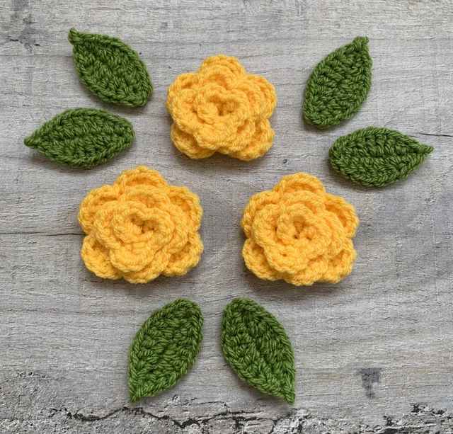 3 Handmade Crochet Yellow Roses with 6 Leaves, Applique, Motif, Embellishments