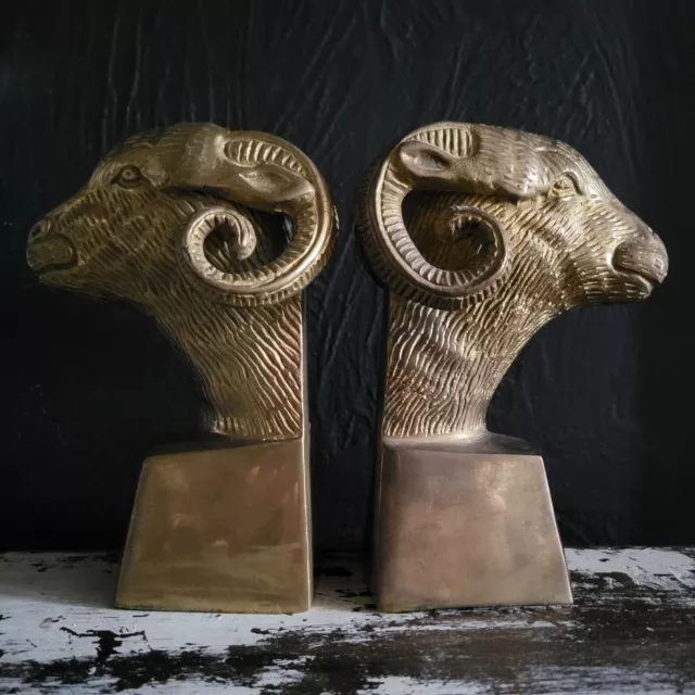 Pair of Vtg Brass Ram Head Bookends, Ram Sculptures, Library Decor, Vtg Office