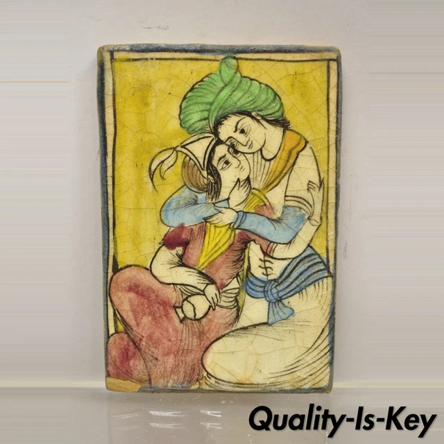 Antique Persian Iznik Qajar Style Ceramic Yellow Pottery Tile Loving Couple B C5