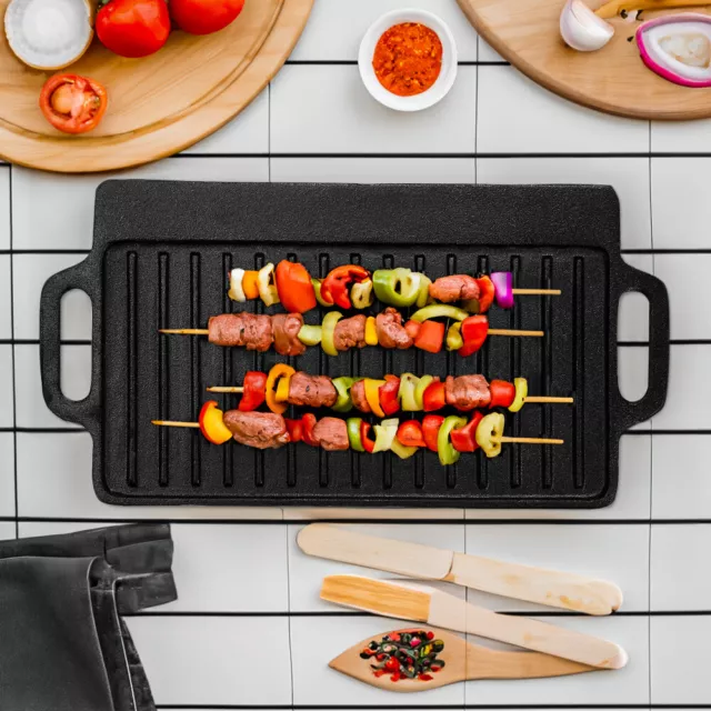 Cast Iron Reversible Griddle Non-Stick Grill Pan BBQ Skillet Cooking Plate Hob
