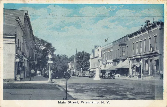 1930s Vintage Postcard Street Scene Main St. Friendship NY old cars New york