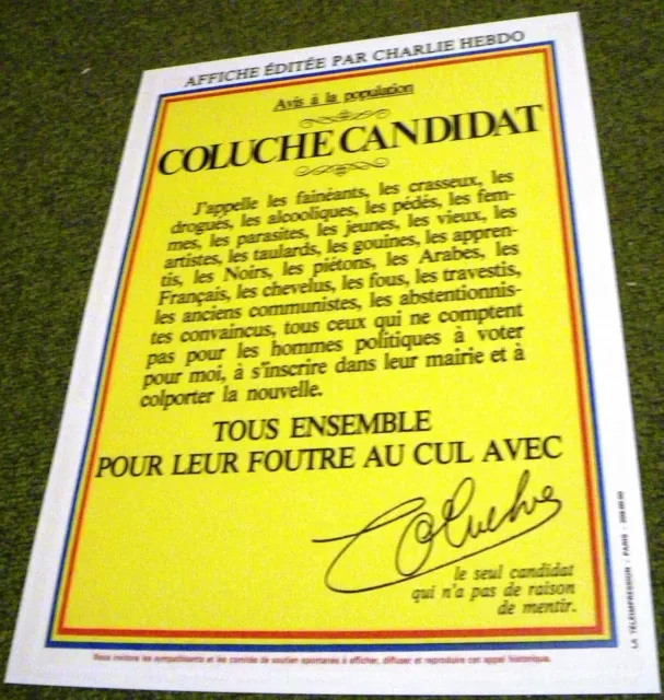 COLUCHE (Affiche présidentielle 1981) Reproduction sur papier rigide