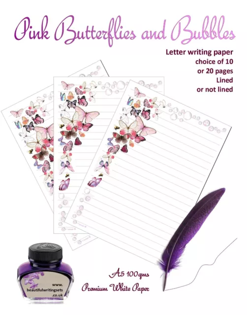 Pink Butterflies & Bubbles Letter writing paper  / A5 100gsm 10 or 20 pages