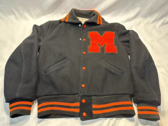 Vintage Butwin Varsity Letterman Jacket Size 36 Wool Black Orange Stripes