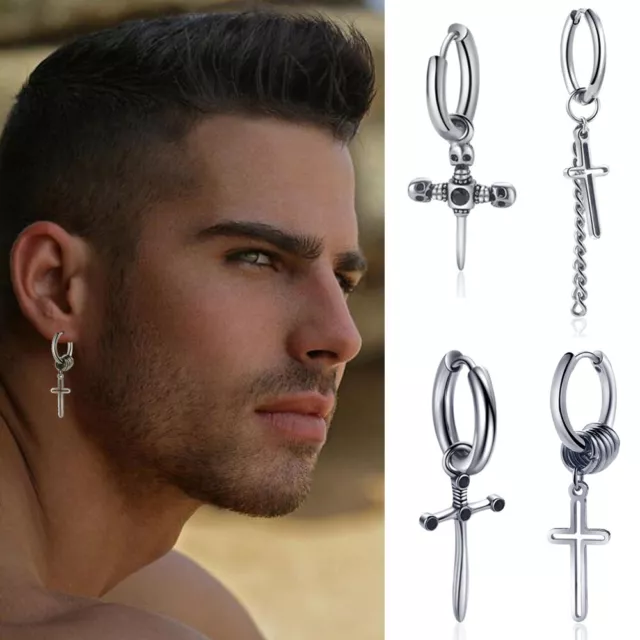 Men Stainless Steel Dangle Earrings Triangle Cross Hollow Pendant Hoop Earring