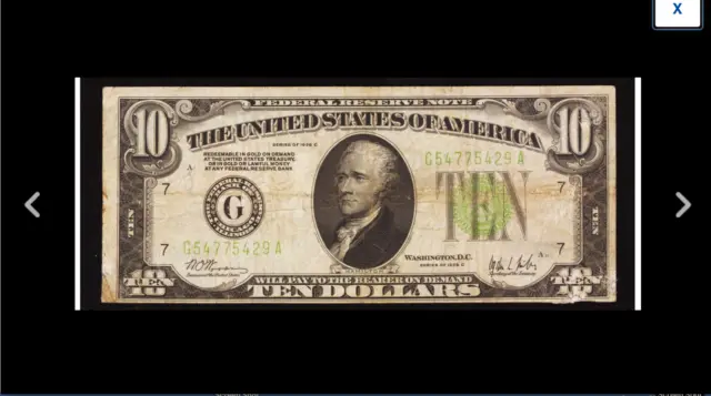 KEY NOTE  CHICAGO Fr. 2003-G $10 1928C Federal Reserve Notes. WOODS / MILLS V/F