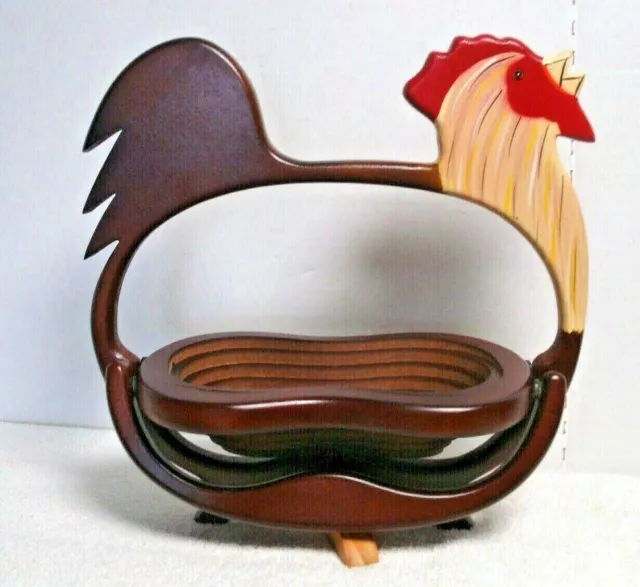 vtg wooden basket folding collapsible chicken rooster farm house wall mount