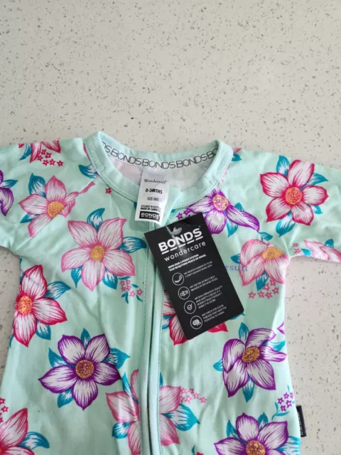 BRAND NEW BABY Girls Bonds Long Sleeve Zip Wondersuit Size 000 Bnwt Floral 2