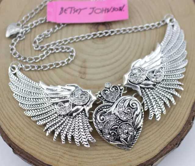 Fashion Jewelry Betsy Johnson Pendant Rhinestone love wing silver necklace gift
