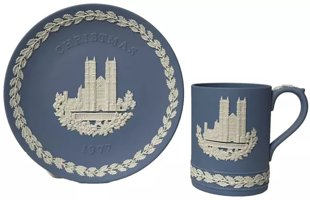 Wedgwood Jasperware Blue Christmas 1977 Plate & Mug Set- Westminster Abbey