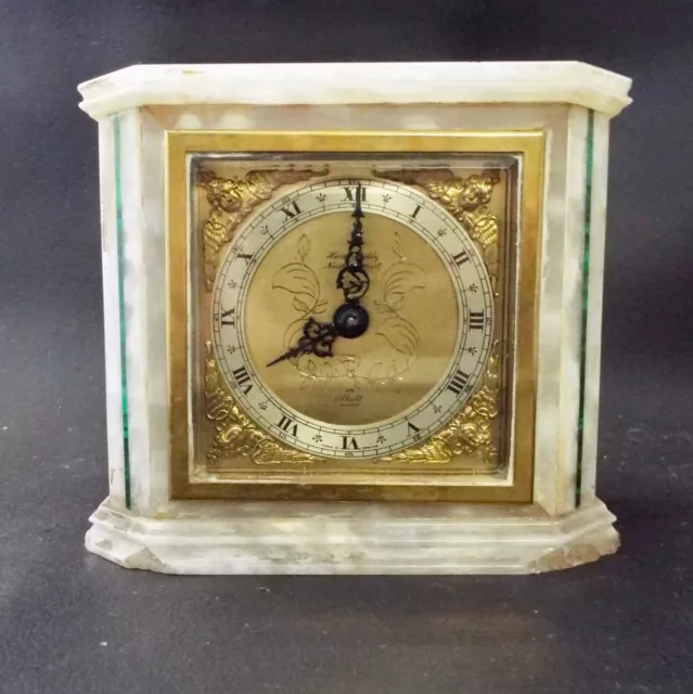 Vintage Elliott White Onyx Mantel Clock - Malachite Inlay