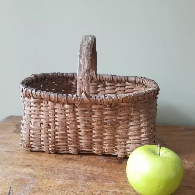 Vintage Primitive Splint Wood Handled Gathering Basket
