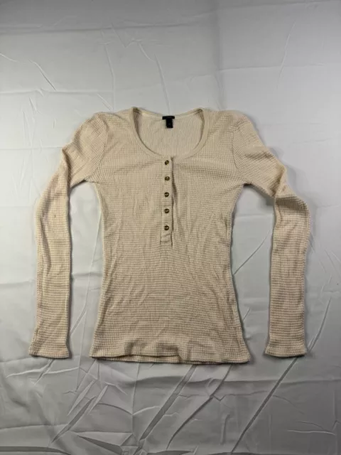 J Crew T-Shirt Womens Size XXS Henley Neck Solid Beige Cotton Long Sleeve