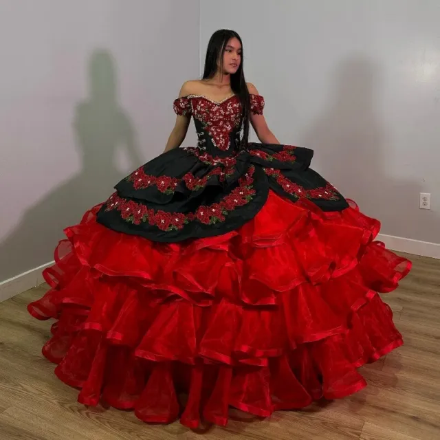 Red Off Shoulder Quinceanera Dresses Ball Gown Applique Tiered Tull Sweet 16