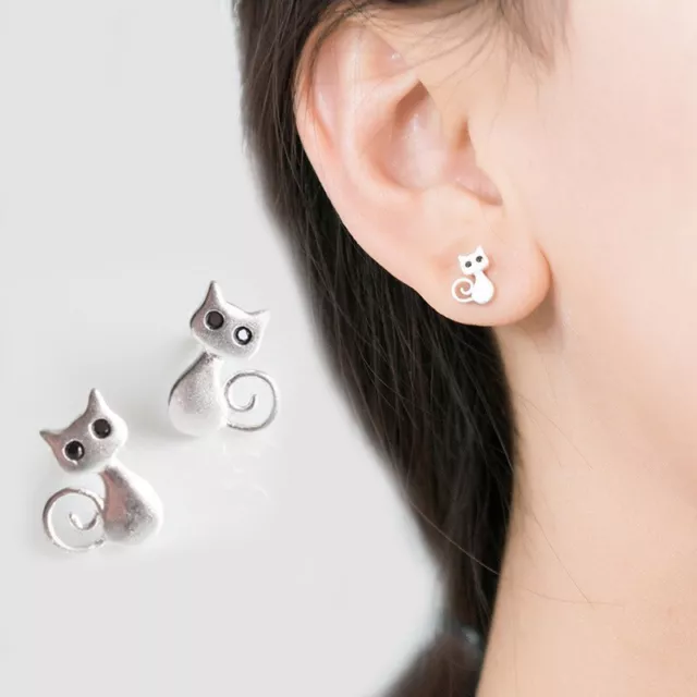 925 Sterling Silver Plated Cute Cat Stud Earrings Women Girl Gift