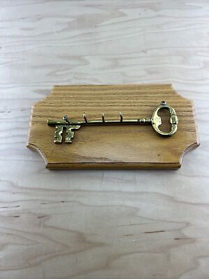 Vintage 8'' Brass key W/4 Hooks Wall Hook Key Holder On Oak Wood Plaque